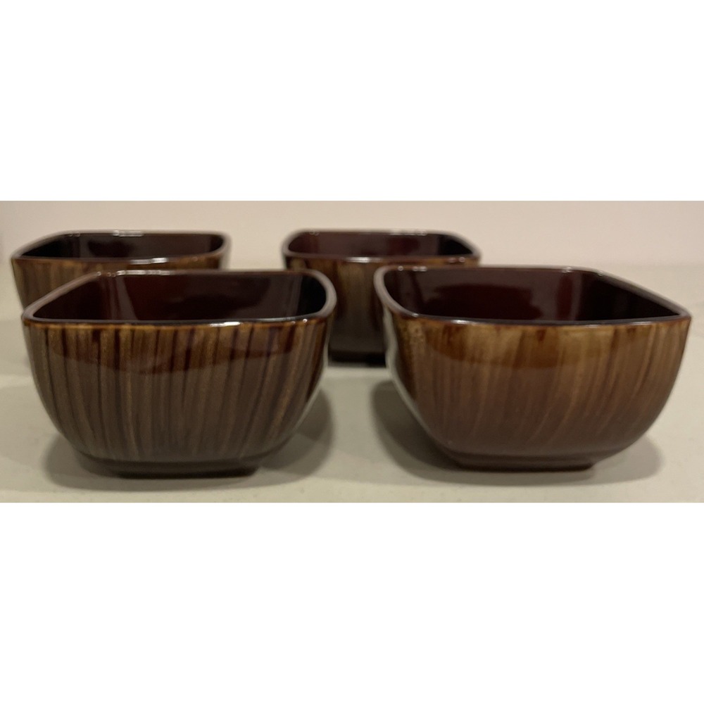 Oneida Horizon Swirl 5.75" Square Soup/Cereal Bowls Set Of 4 NEW Retro Brown